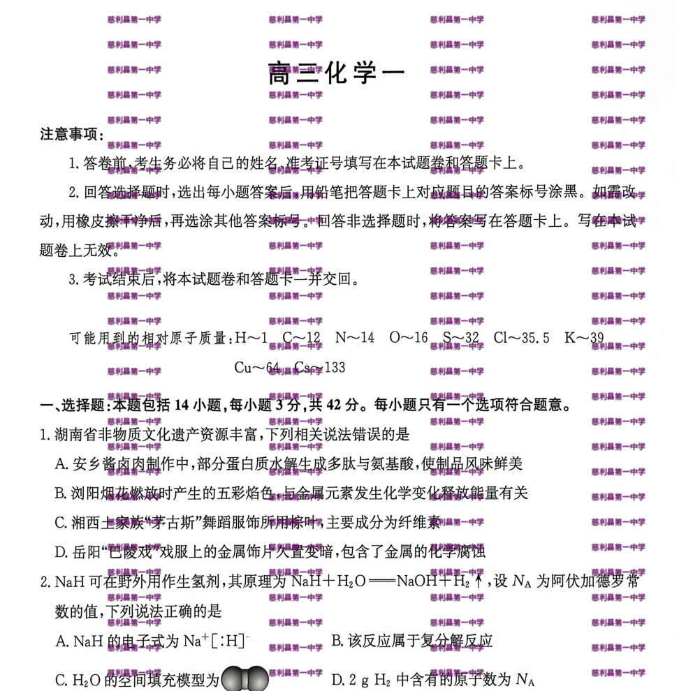 2027届湖南九校联盟化学试题